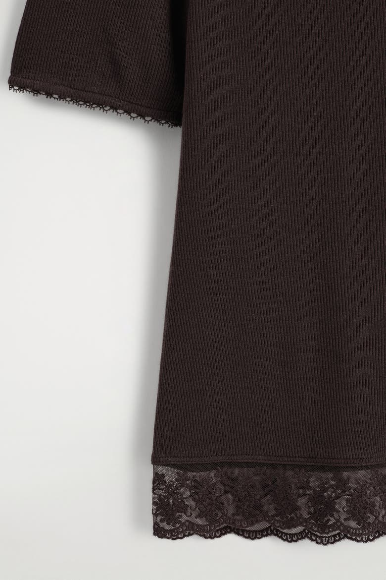 Lace-Trimmed Ribbed V-Neck T-Shirt, Alternate, color, DARK BROWN