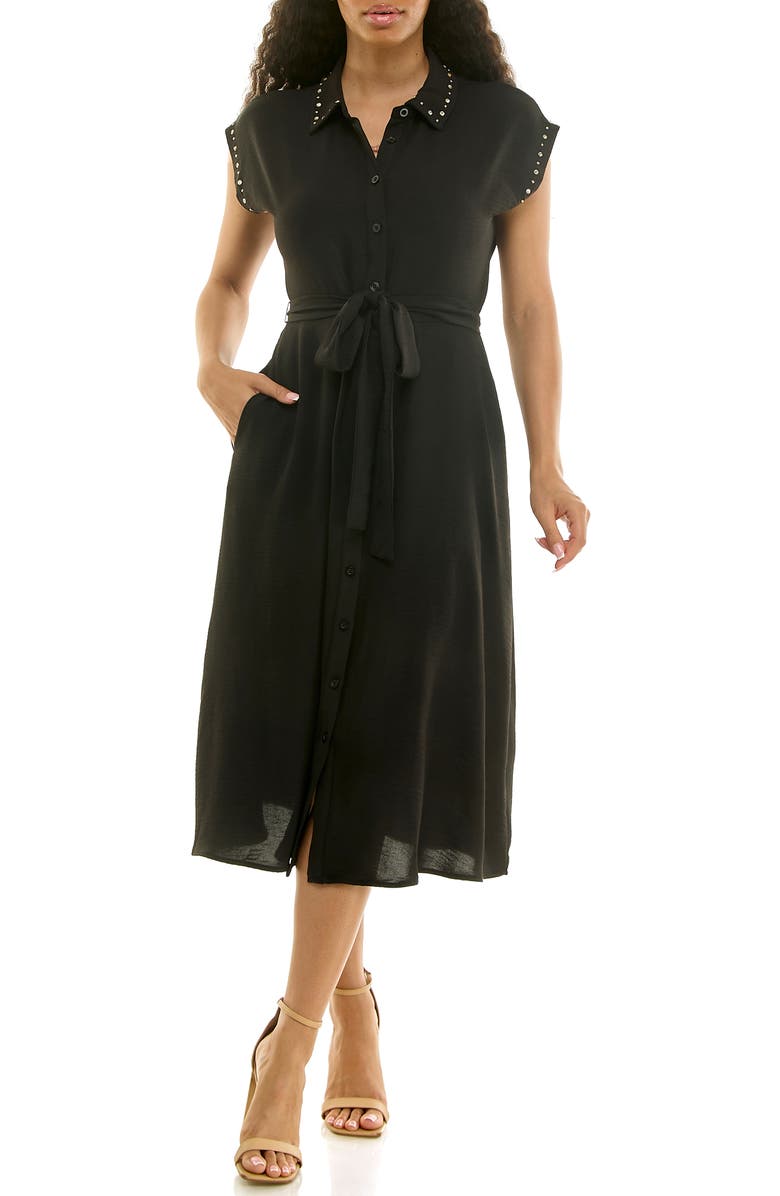 Nina Leonard Studded Cap Sleeve Midi Shirtdress, Main, color, Black