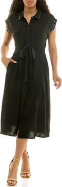 Nina Leonard Studded Cap Sleeve Midi Shirtdress