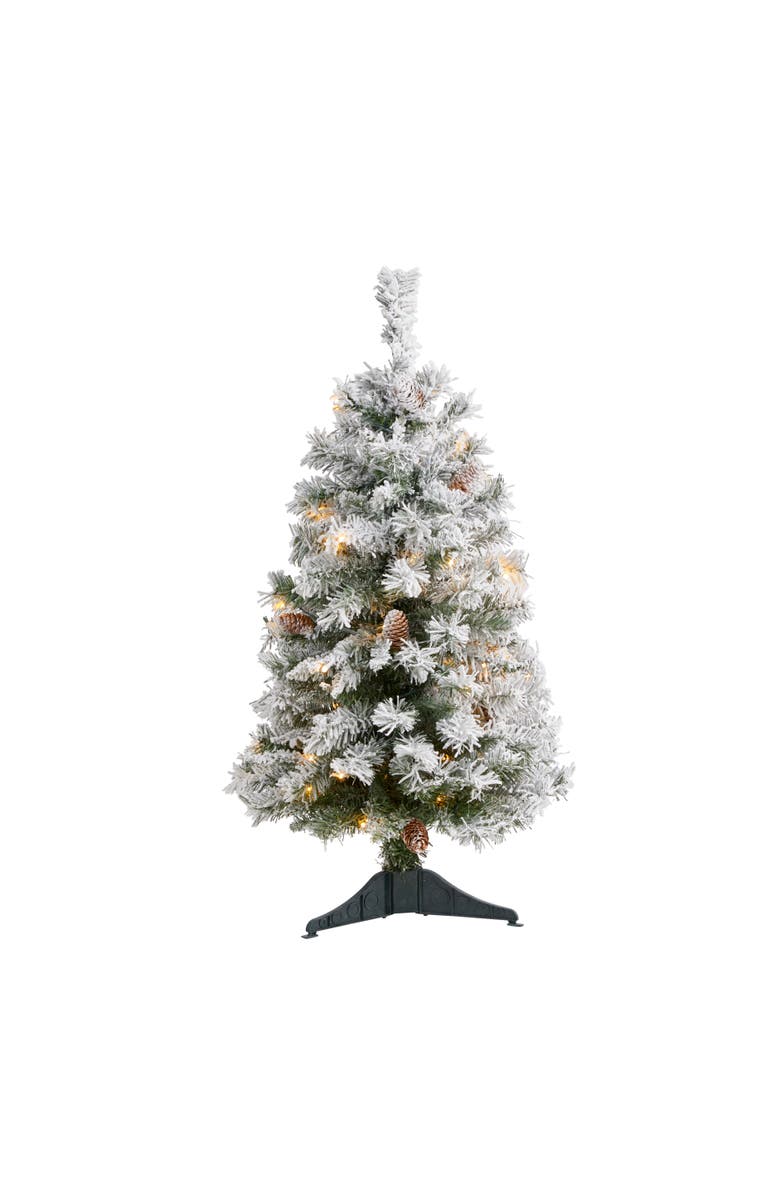 NEARLY NATURAL 3-ft Flocked White River Mountain Pine Artificial Christmas Tree with Pinecones and 50 Clear LED Lights, Main, color, Green