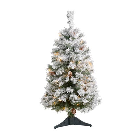 3-ft Flocked White River Mountain Pine Artificial Christmas Tree with Pinecones and 50 Clear LED Lights