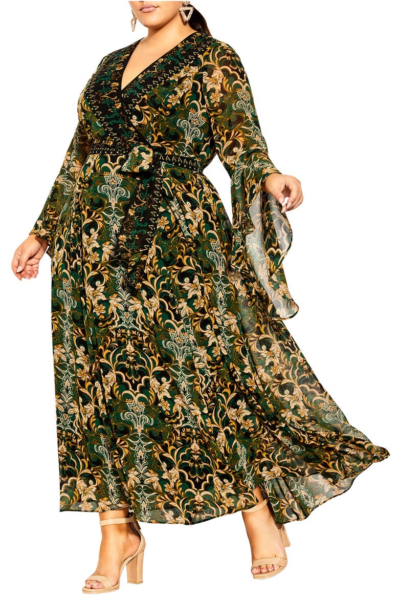 Everly Long Sleeve Faux Wrap Maxi Dress, Main, color, GREEN DYNASTY PRT