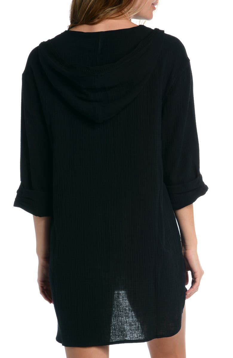 La Blanca Hooded Cotton Gauze Cover-Up Tunic, Alternate, color, Black