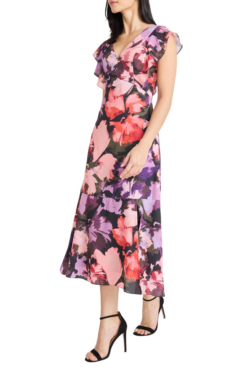 Maggy London Floral Ruffle Sleeve Midi Dress, Alternate, color, Wine/ Coral