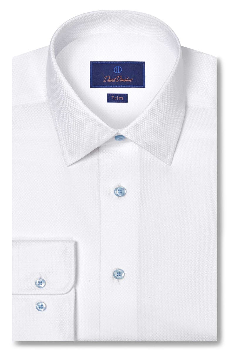 David Donahue Trim Fit Micro Diamond Dobby Cotton Dress Shirt, Main, color, White
