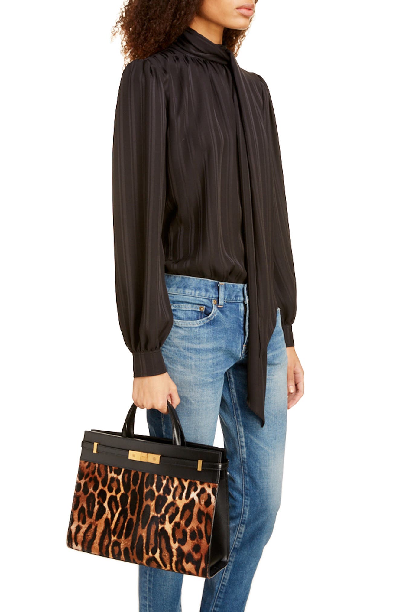 Saint Laurent Small Manhattan Genuine Calf Hair & Leather Satchel, Alternate, color, 