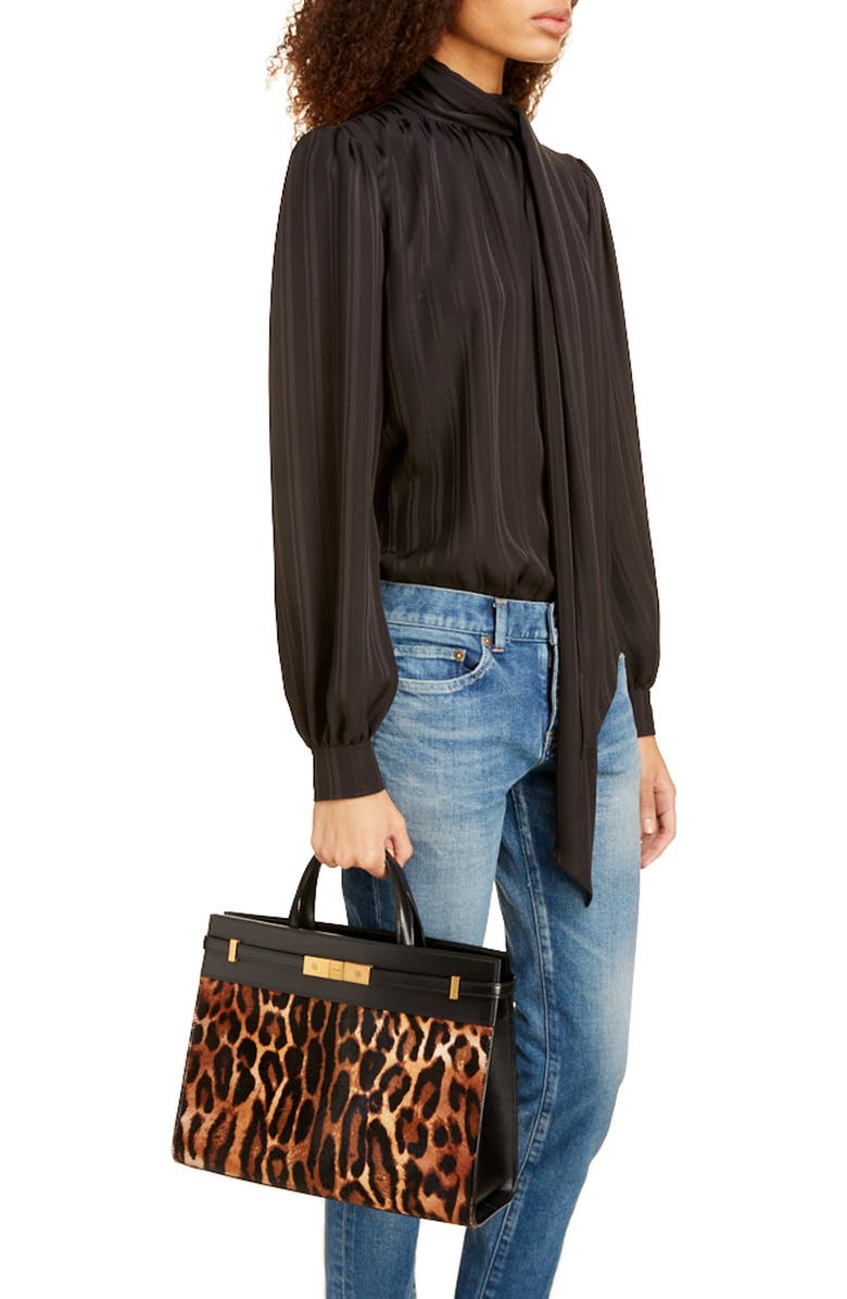 Saint Laurent Small Manhattan Genuine Calf Hair & Leather Satchel, Alternate, color,