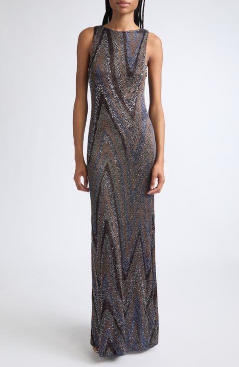 Sequin Metallic Zigzag Jacquard Maxi Dress