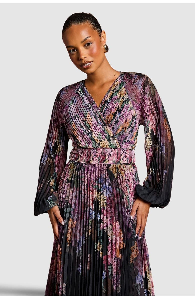 Coast Petite Printed Pleated Wrap Dress, Alternate, color, Black