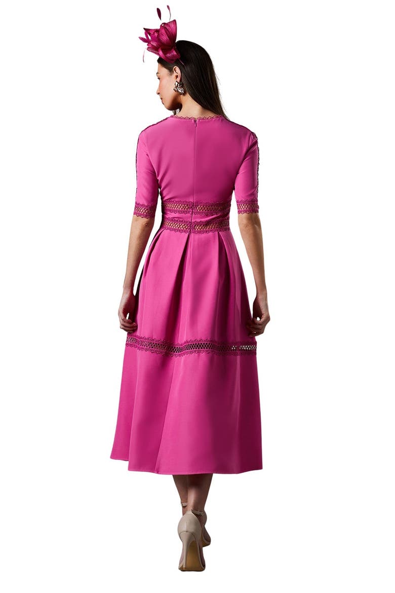 Crochet Insert Crepe V-Neck Midi Dress, Alternate, color, Pink