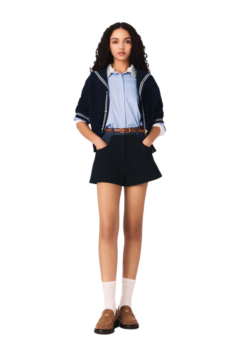 Tweed shorts with denim details, Main, color, Navy