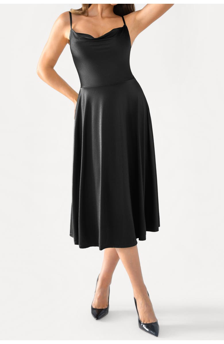 Popilush Shapewear Strappy Cowl Neck Fit & Flare Midi Dress, Main, color, Midnight Black