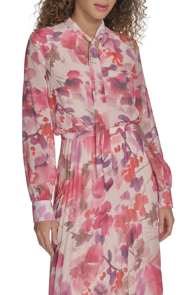 Calvin Klein Floral Tie Neck Long Sleeve Pleated Chiffon Midi Dress
