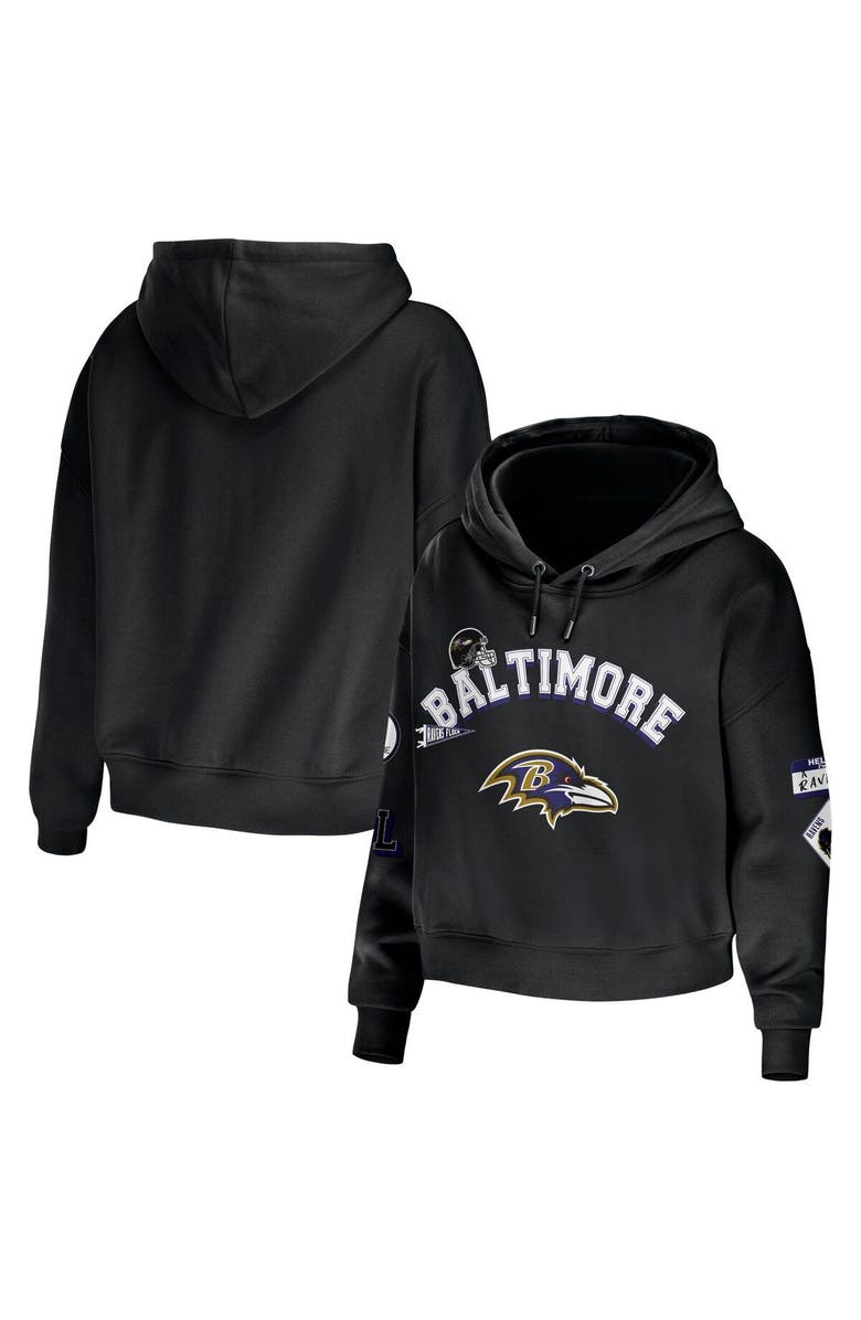 WEAR by Erin Andrews Women's WEAR by Erin Andrews Black Baltimore Ravens Modest Cropped Pullover Hoodie, Main, color,