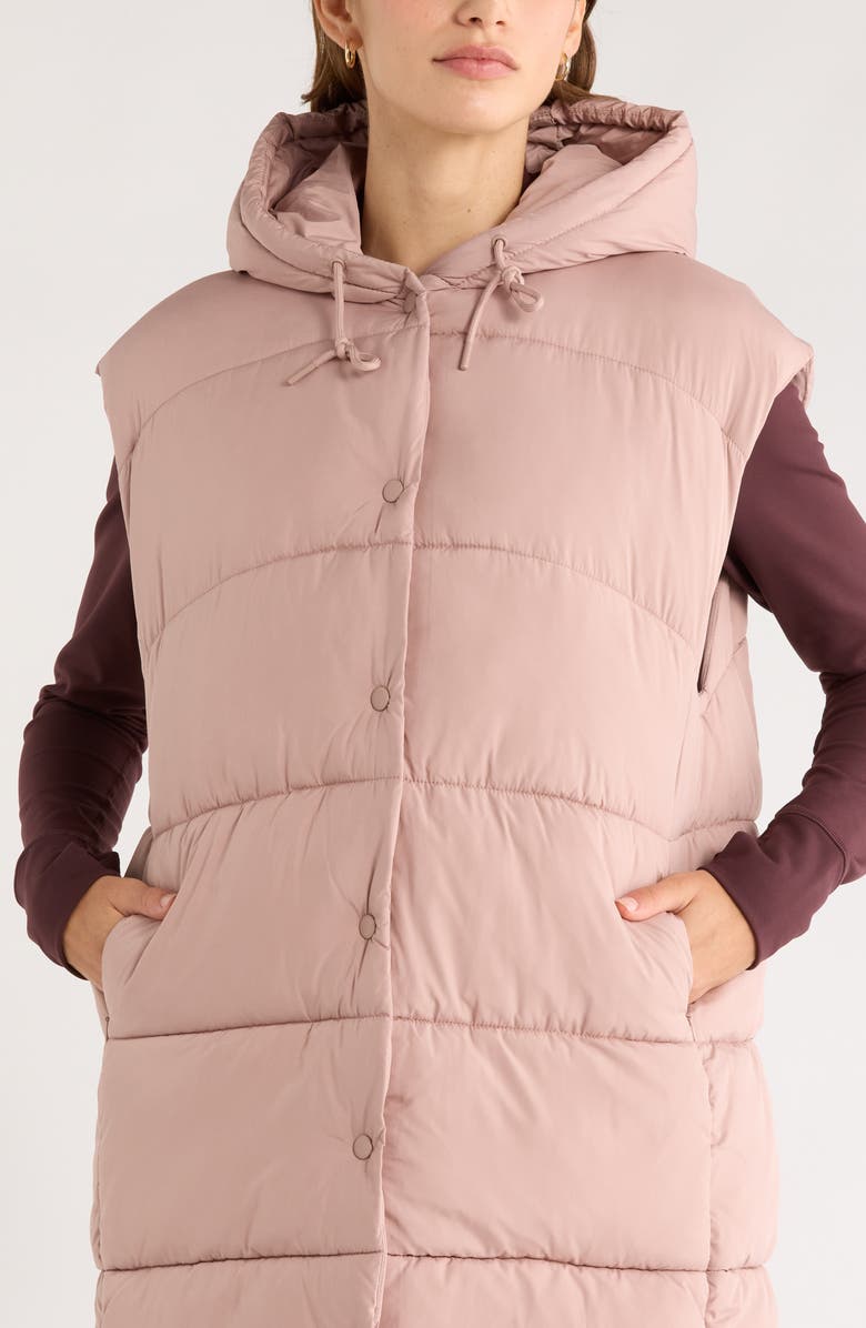 Zella Longline Hooded Puffer Vest, Alternate, color, Pink Fawn