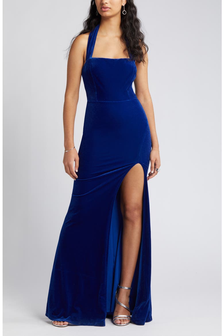 Enchanting Touch Halter Velvet Gown, Alternate, color, ROYAL BLUE