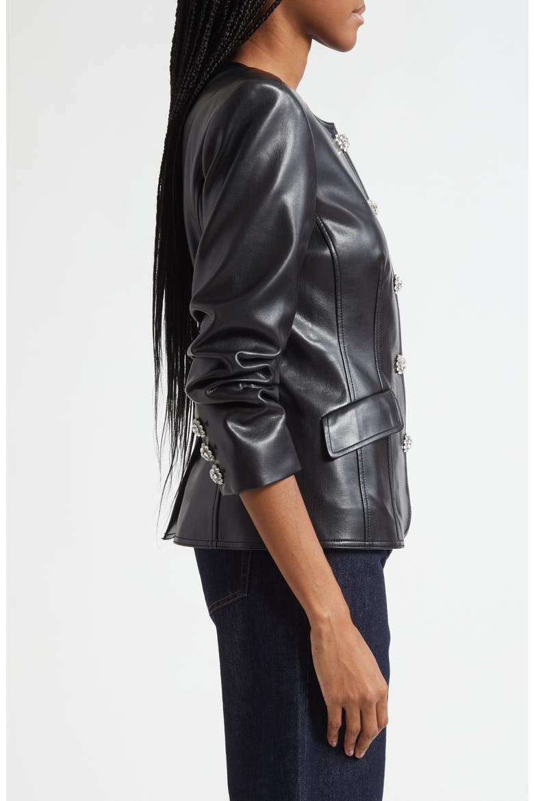 Crystal Button Scrunched Sleeve Faux Leather Jacket, Alternate, color, BLACK