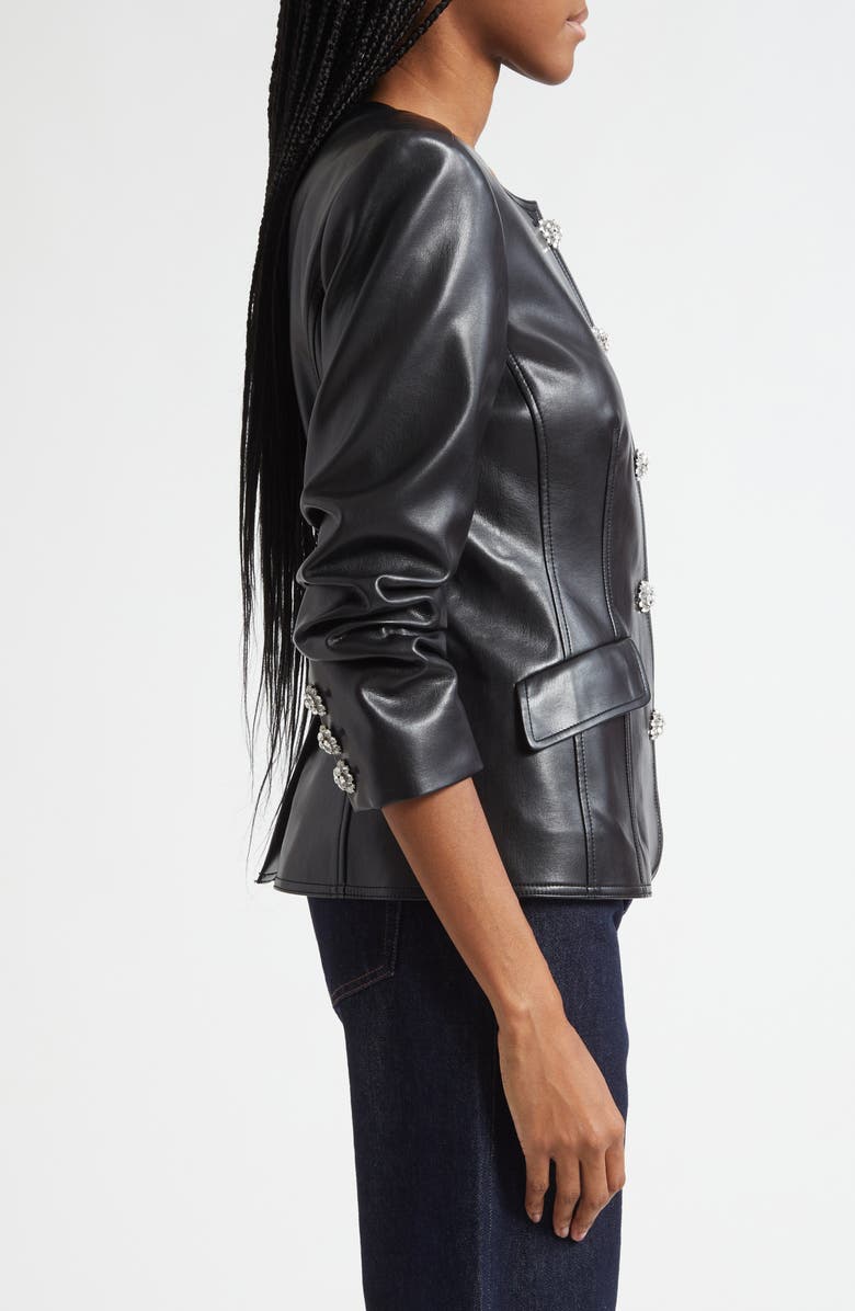 Cinq à Sept Crystal Button Scrunched Sleeve Faux Leather Jacket, Alternate, color, Black