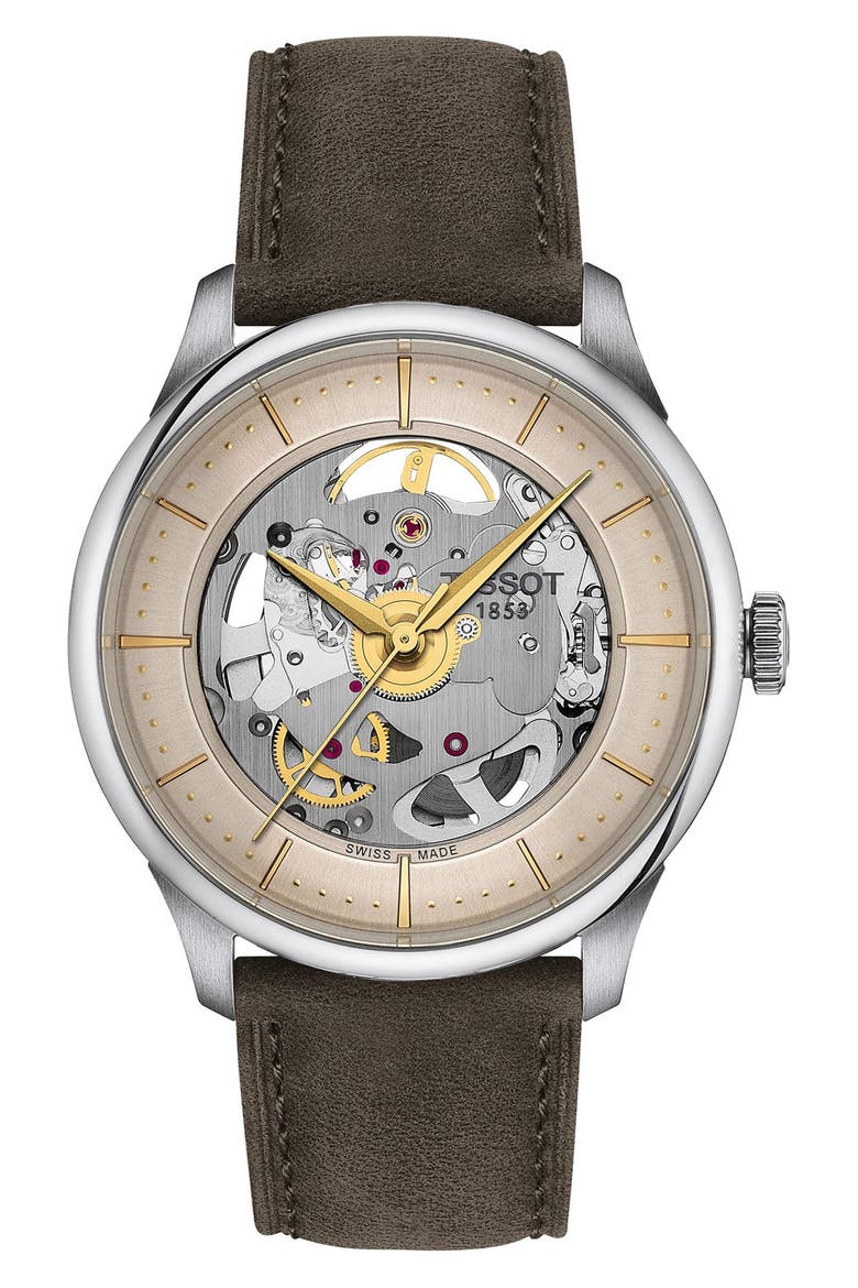 Chemin des Tourelles Leather Strap Watch, 39mm, Main, color, GREY/ IVORY