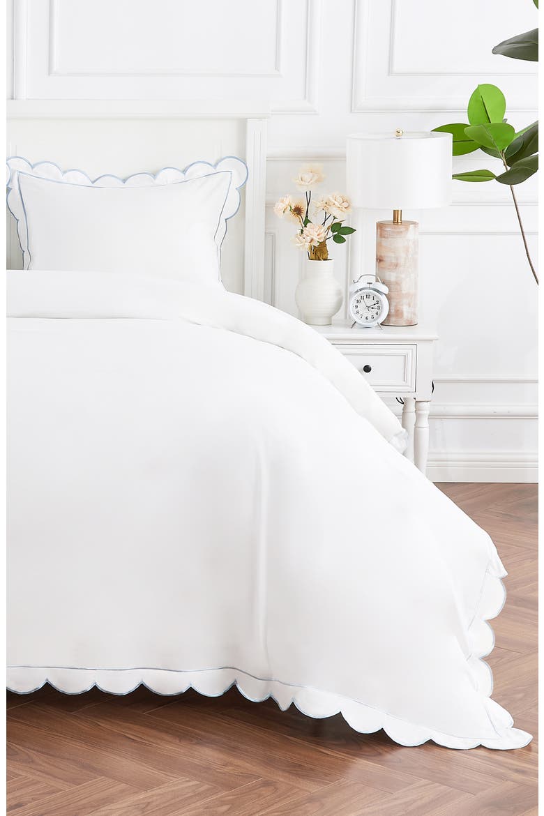Scallop Embroidered Cotton Duvet Set, Alternate, color, WHITE/ BLUE
