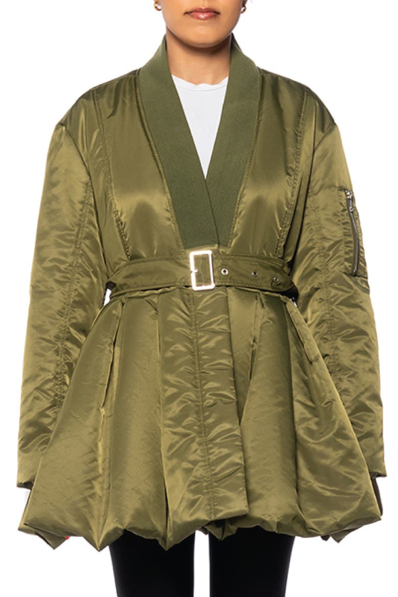 Rosalia Peplum Puffer Bomber Jacket, Main, color, GREEN