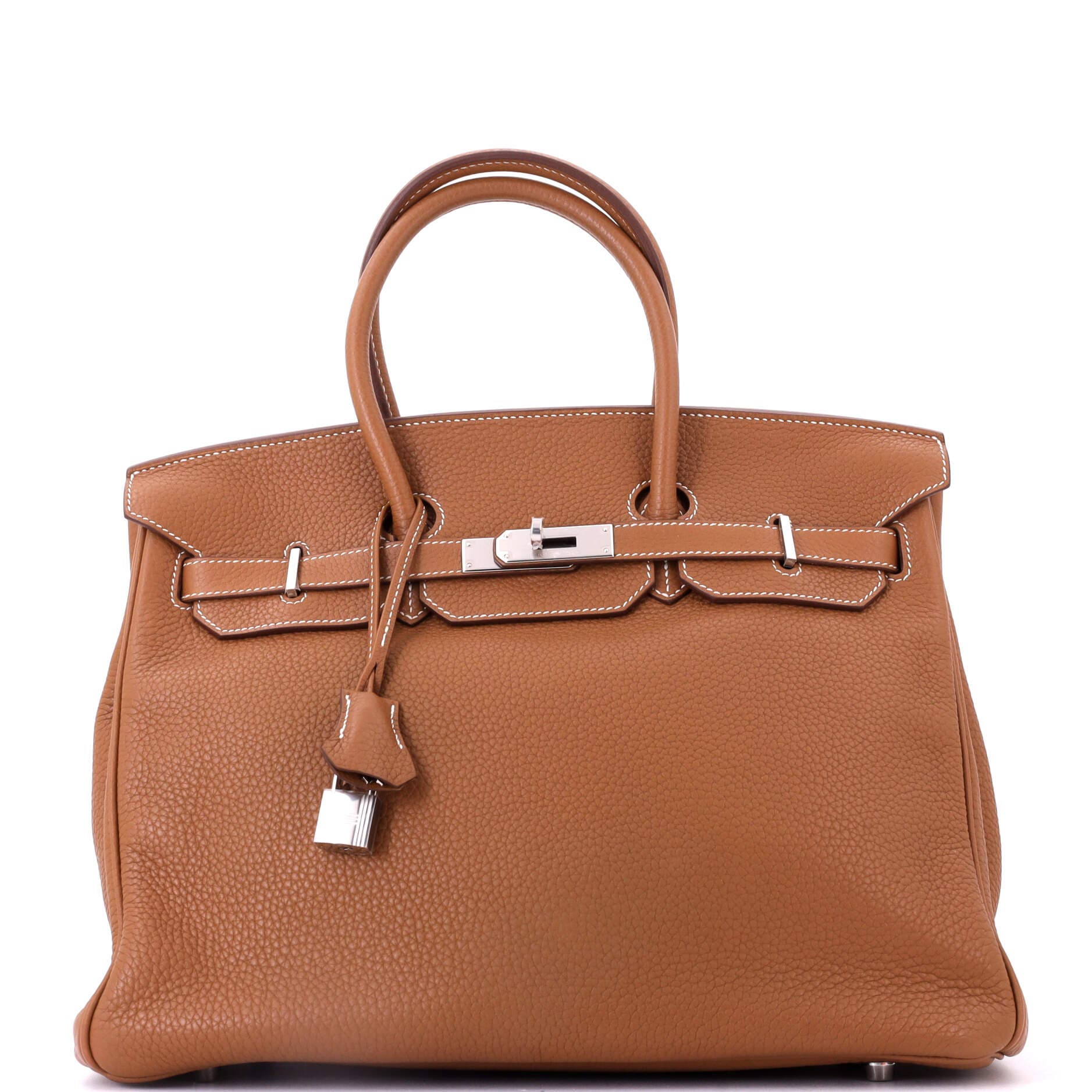 Pre-Owned Hermes Birkin Handbag Brown Clemence with Palladium Hardware 35, Main, color, Gold