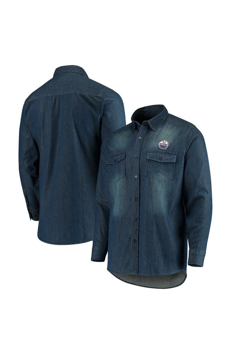 ANTIGUA Men's Antigua Denim Edmonton Oilers Outlook Long Sleeve Button-Up Shirt, Main, color, 