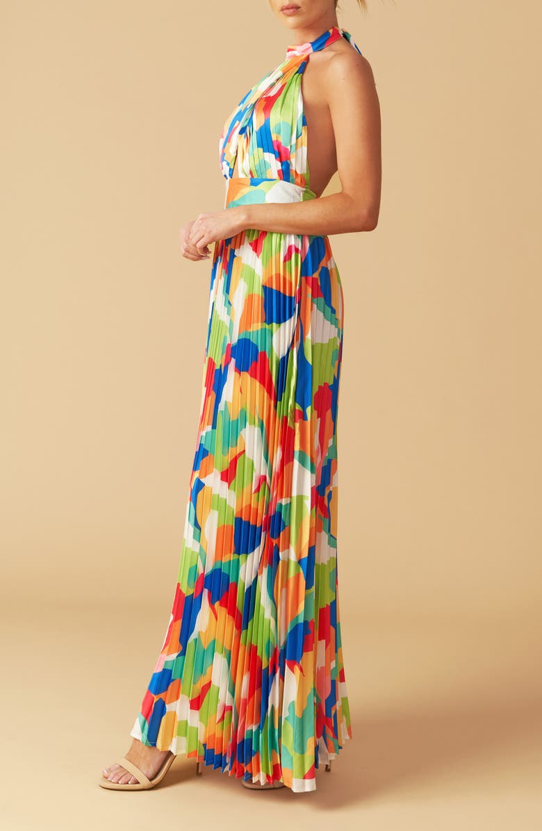 FLYING TOMATO Pleated Halter Neck Maxi Dress, Alternate, color, Green Orange