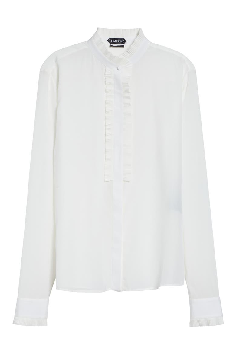 Plissé Ruffle Silk Crêpe de Chine Button-Up Shirt, Alternate, color, OFF WHITE