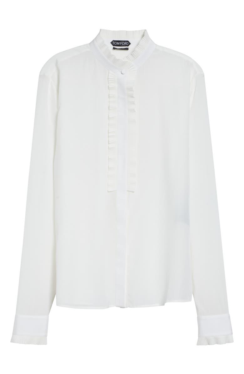 TOM FORD Plissé Ruffle Silk Crêpe de Chine Button-Up Shirt, Main, color, Off White
