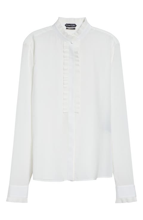 Plissé Ruffle Silk Crêpe de Chine Button-Up Shirt