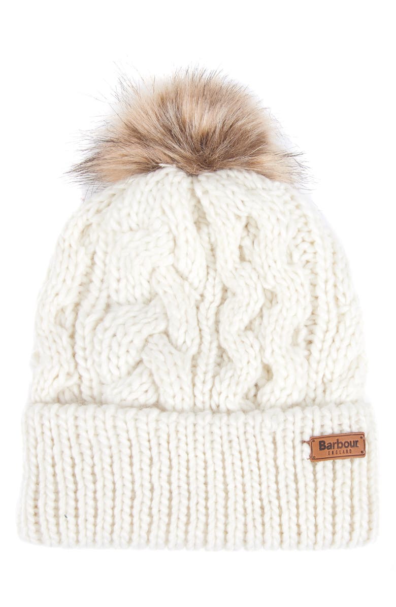 Barbour Penshaw Faux Fur Pompom Beanie, Main, color, Cloud