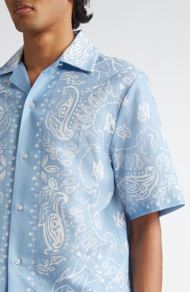 AMIRI Watercolor Bandana Linen & Cotton Camp Shirt, Alternate, color, Cerulean