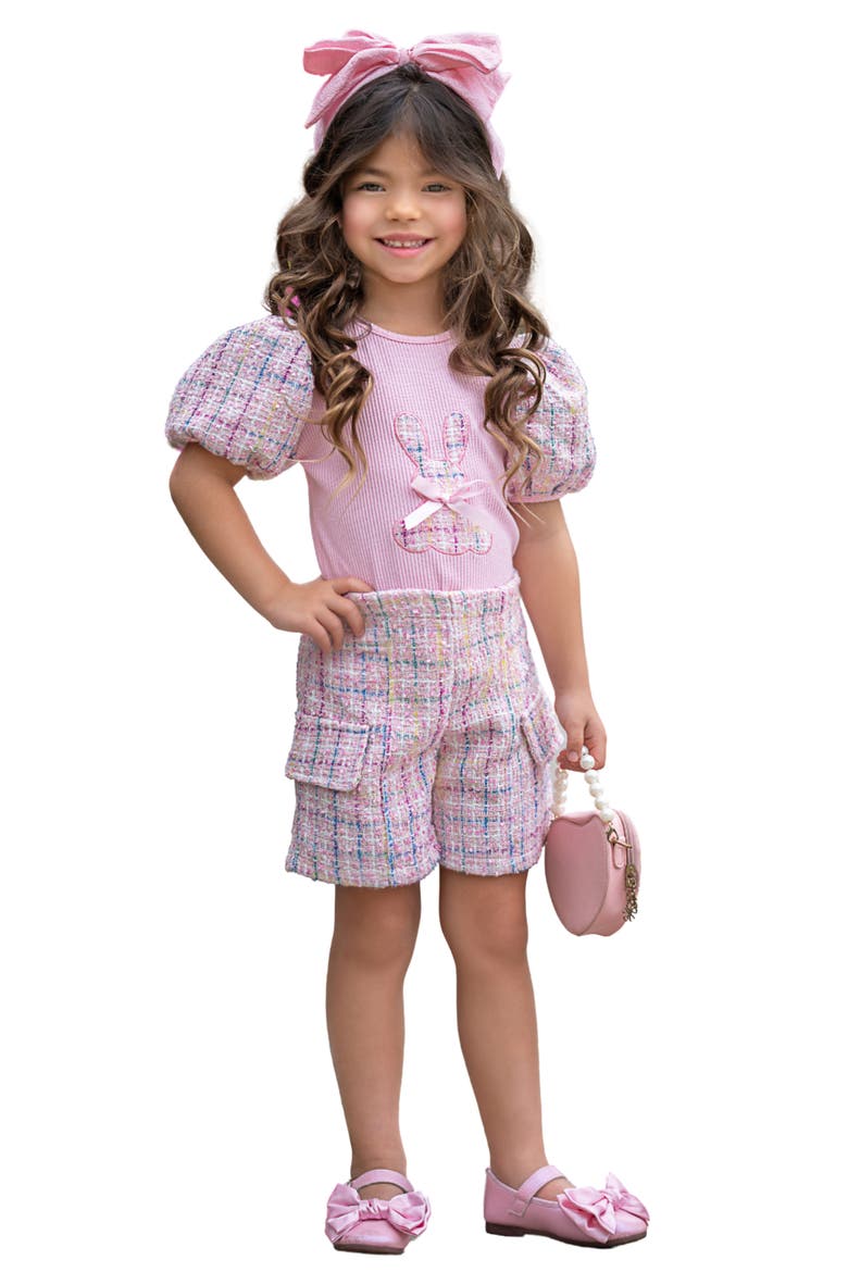 Chic Embroidered Bunny Top and Tweed Girls Short Set, Main, color, Pink