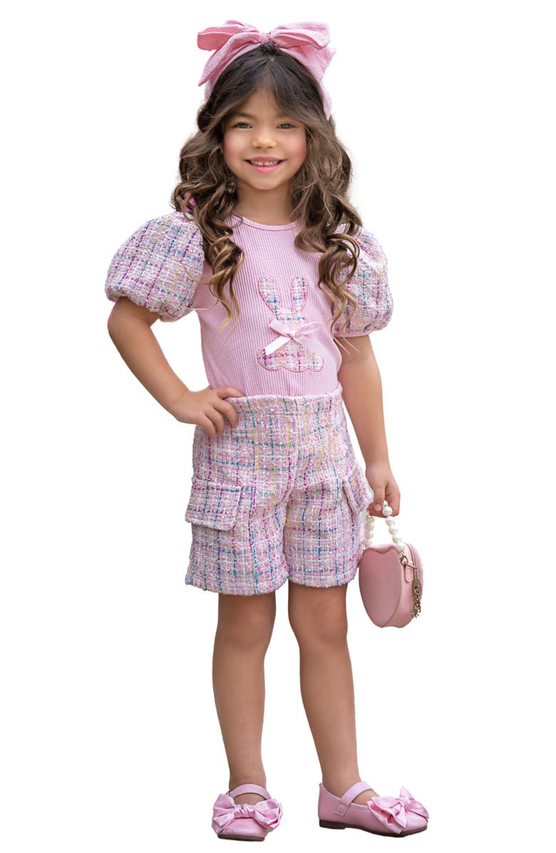 Mia Belle Girls Chic Embroidered Bunny Top and Tweed Girls Short Set, Main, color, Pink