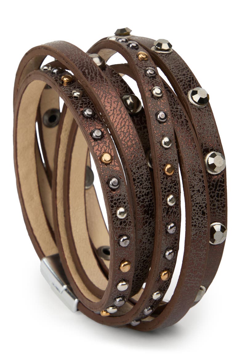 Studded Faux Leather Wrap Bracelet, Main, color, BROWN