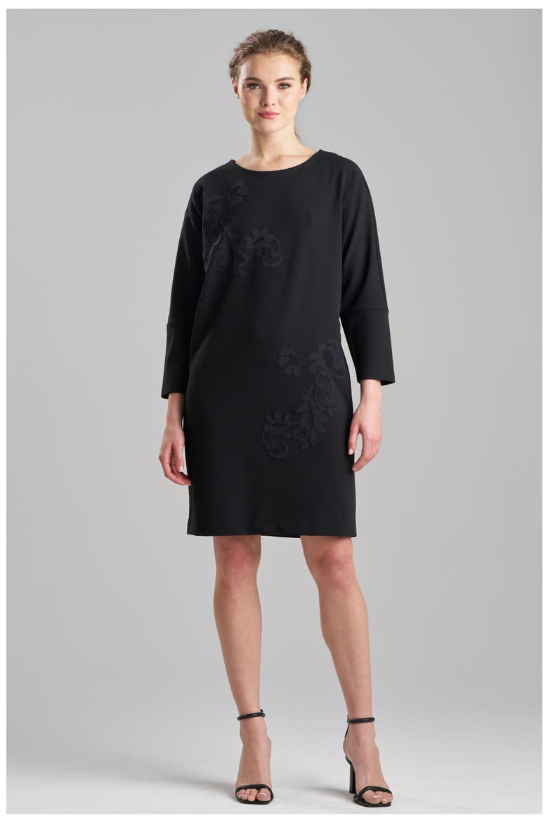 Scuba Crepe Wedge Dress w/Emb, Main, color, BLACK