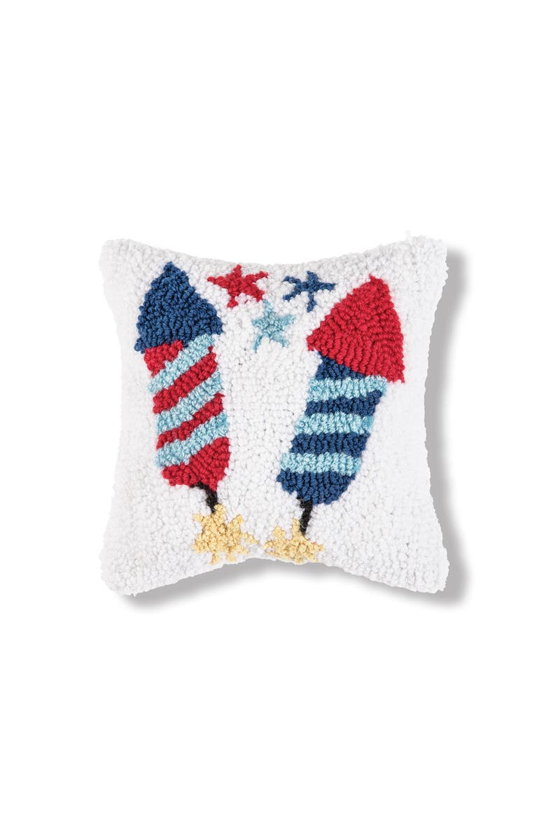 Patriotic Stars & Rocket Fireworks Hooked Mini Accent Pillow, 8" x 8", Main, color, White