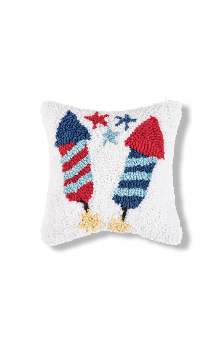 C&F Home Patriotic Stars & Rocket Fireworks Hooked Mini Accent Pillow, 8" x 8", Main, color, White