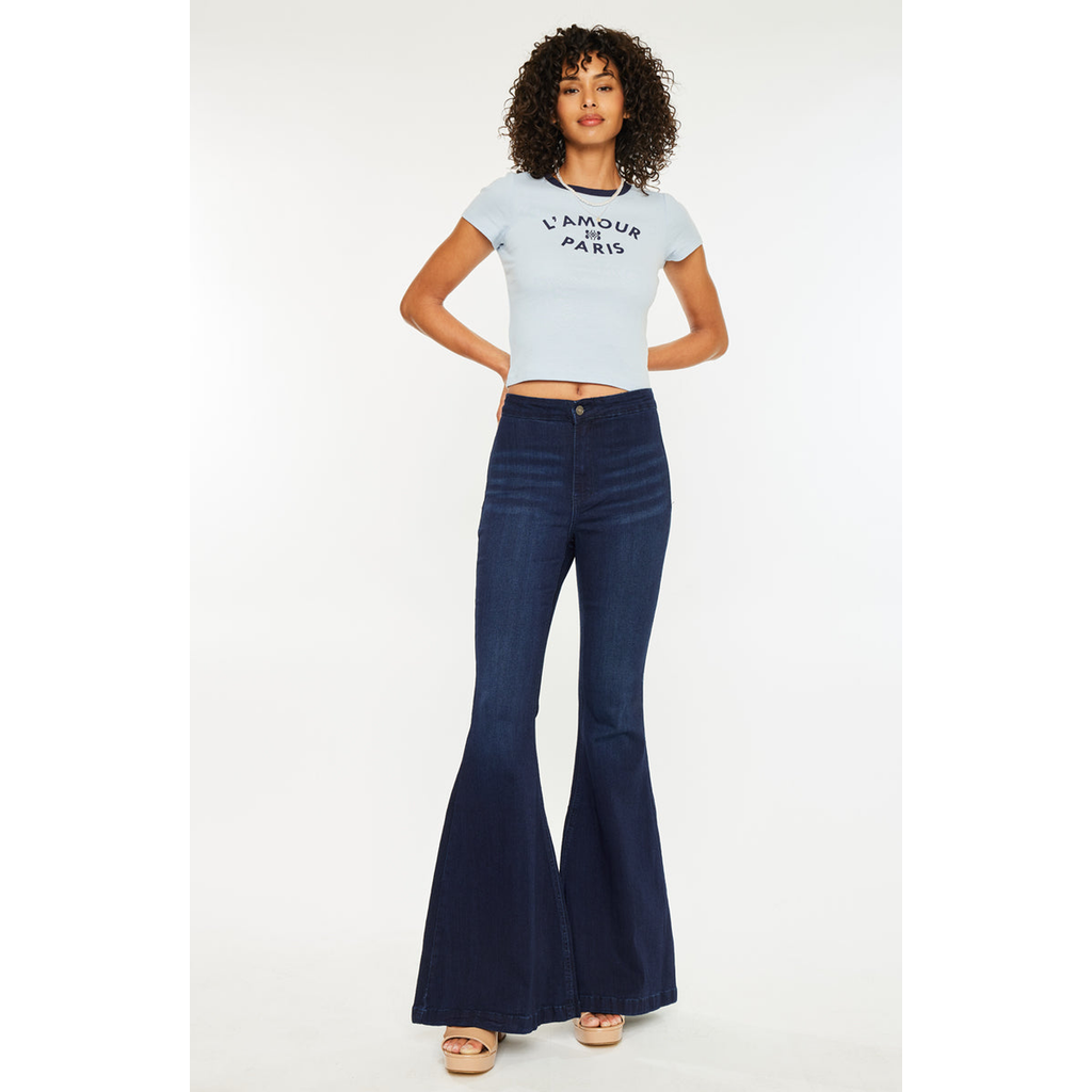 Kancan Makayla Ultra High Rise Flare Jeans In Dark Wash In Blue
