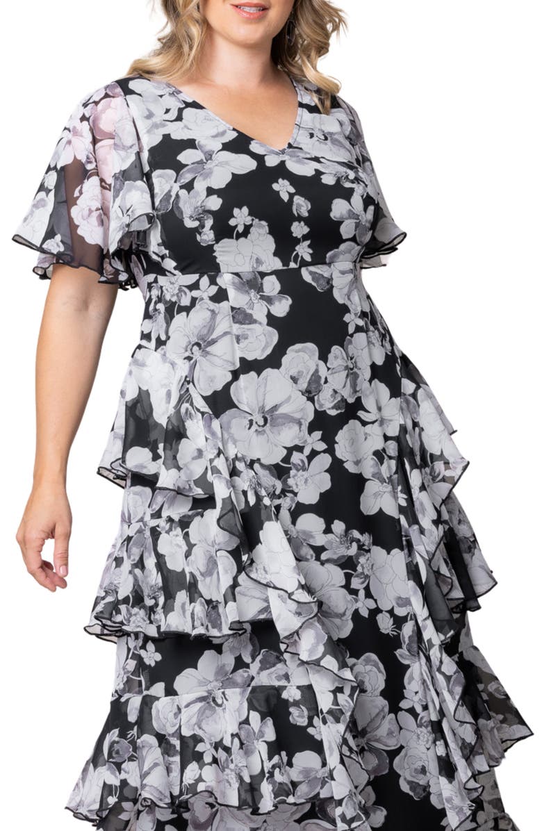 Kiyonna Tour de Flounce Tiered Maxi Dress, Alternate, color, Grayscale Blooms