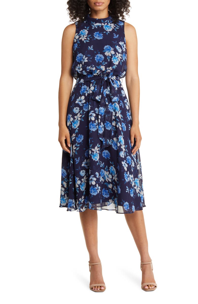 Eliza J Floral Tie Belt Chiffon Sleeveless Dress, Main, color, 