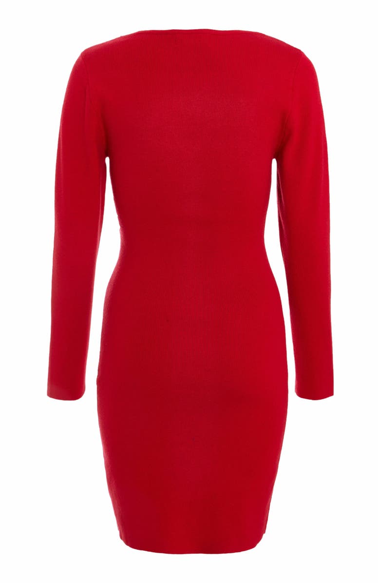 QUIZ Knit Diamante Trim tie Neck Long Sleeve Mini Sweater Dress, Alternate, color, 