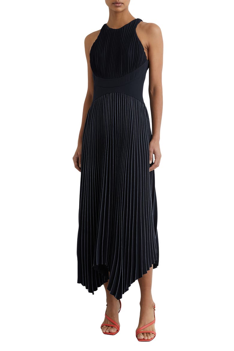 Rachel Pleated Sleeveless Midi Dress, Main, color, NAVY