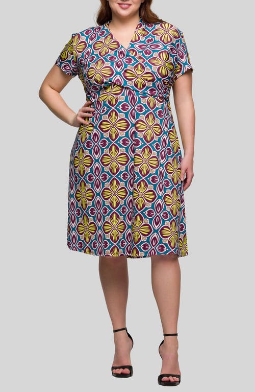 24seven Comfort Apparel Plus Size Print Short Sleeve Knee Length V-neck Wrap Dress In Yellow Multi