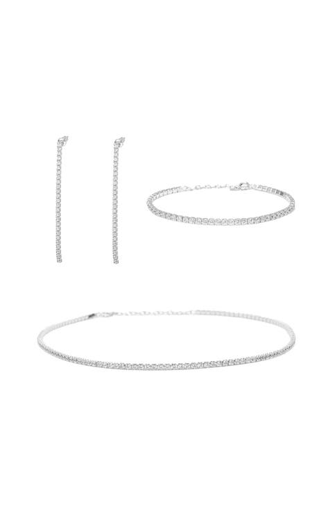 Sterling Silver 18k Gold Plated Cherie Tennis Bracelet, Necklace & Drop Earrings Set Holiday Gift Idea