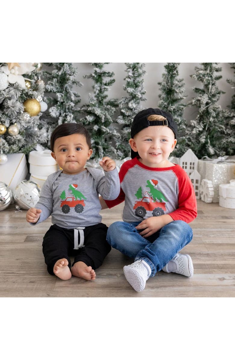 Sweet Wink Santa Dino Monster Truck Christmas Long Sleeve Bodysuit, Alternate, color, Grey