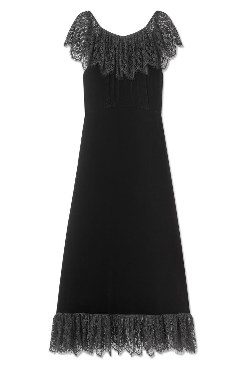 Anouk Lace Trim Velvet Dress, Alternate, color, BLACK