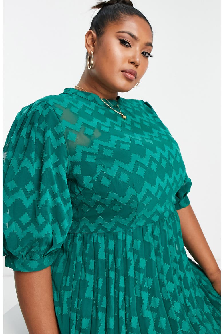 Curve Chevron Dobby Midi Dress, Alternate, color, DARK GREEN