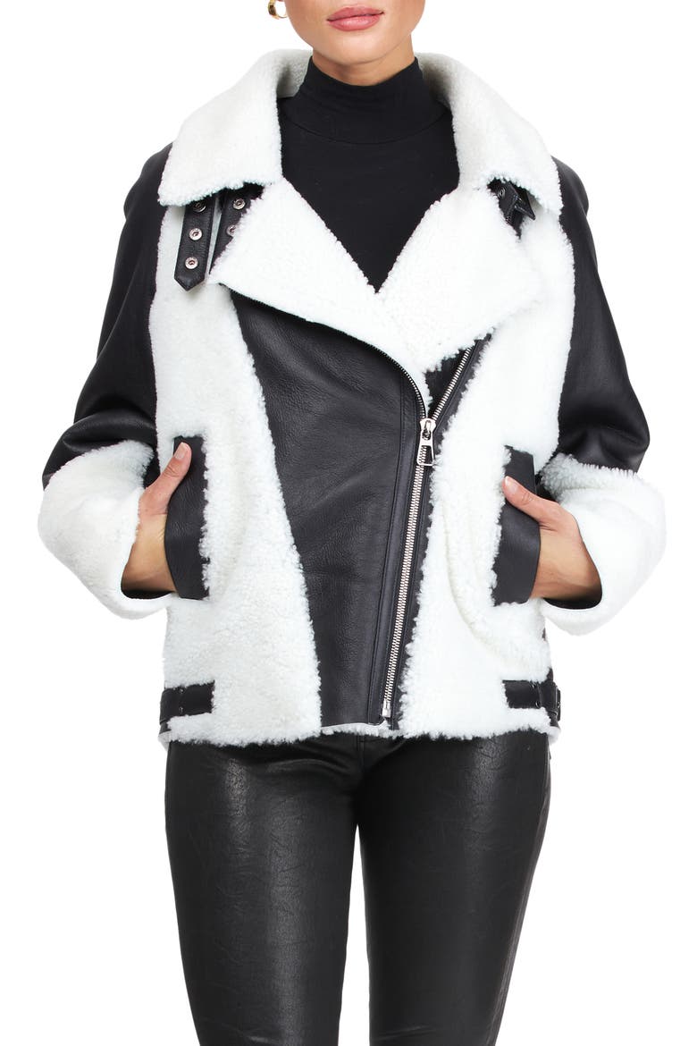 Genuine Shearling  Asymmetrical Zip Jacket, Alternate, color, BLACK/WHITE